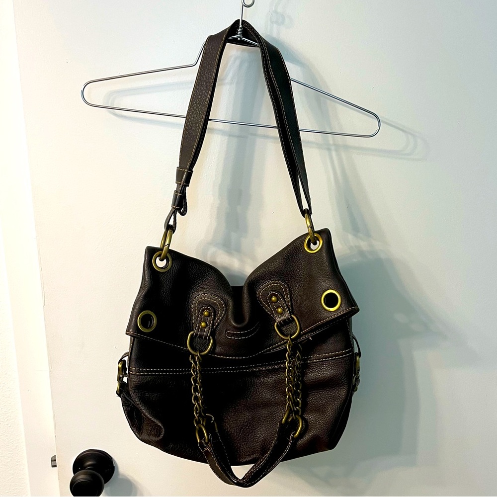 BCBGMAXAZRIA hobo brown leather bag purse satchel 2 ways to wear w/metal accents